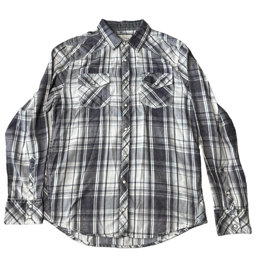 BKE Buckle Vintage Men's Gray Plaid Pearl Snap Casual Athletic Fit Size Large